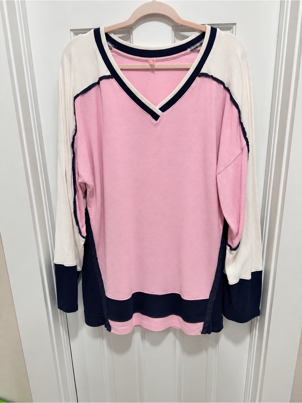 Free People Pink, Cream & Navy V-Neck Colorblock Sweater
